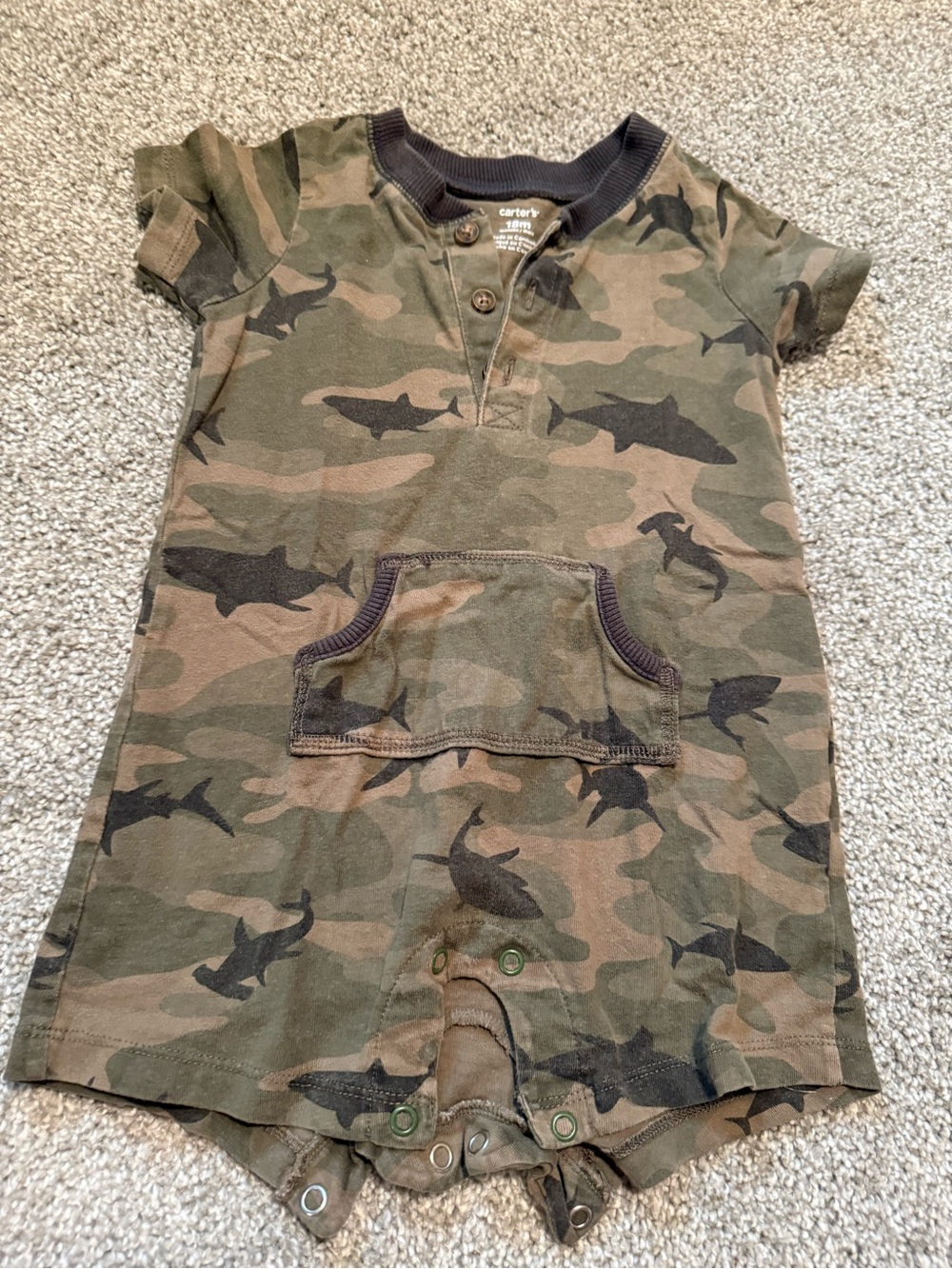 Carter's Camo Shark Short Sleeve Romper in Olive and Brown